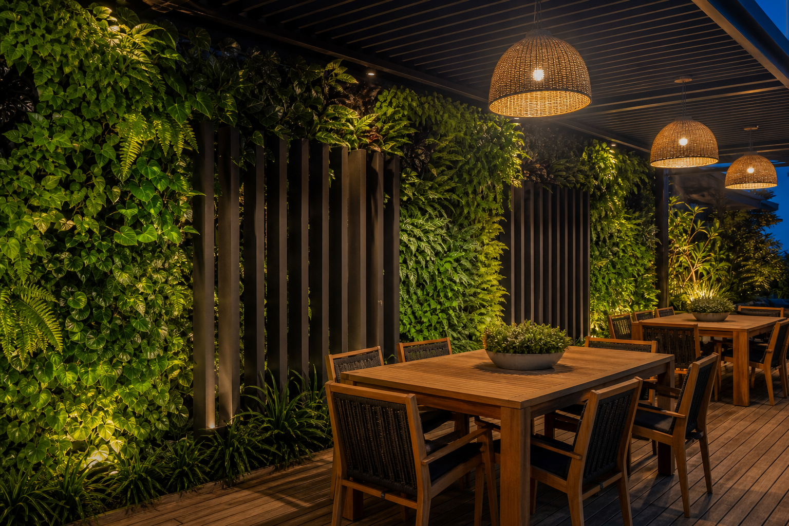 Vertical garden and charcoal louver dining terrace