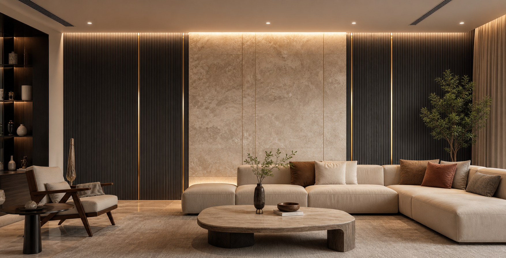 Living room with premium wall panels and stone veneer